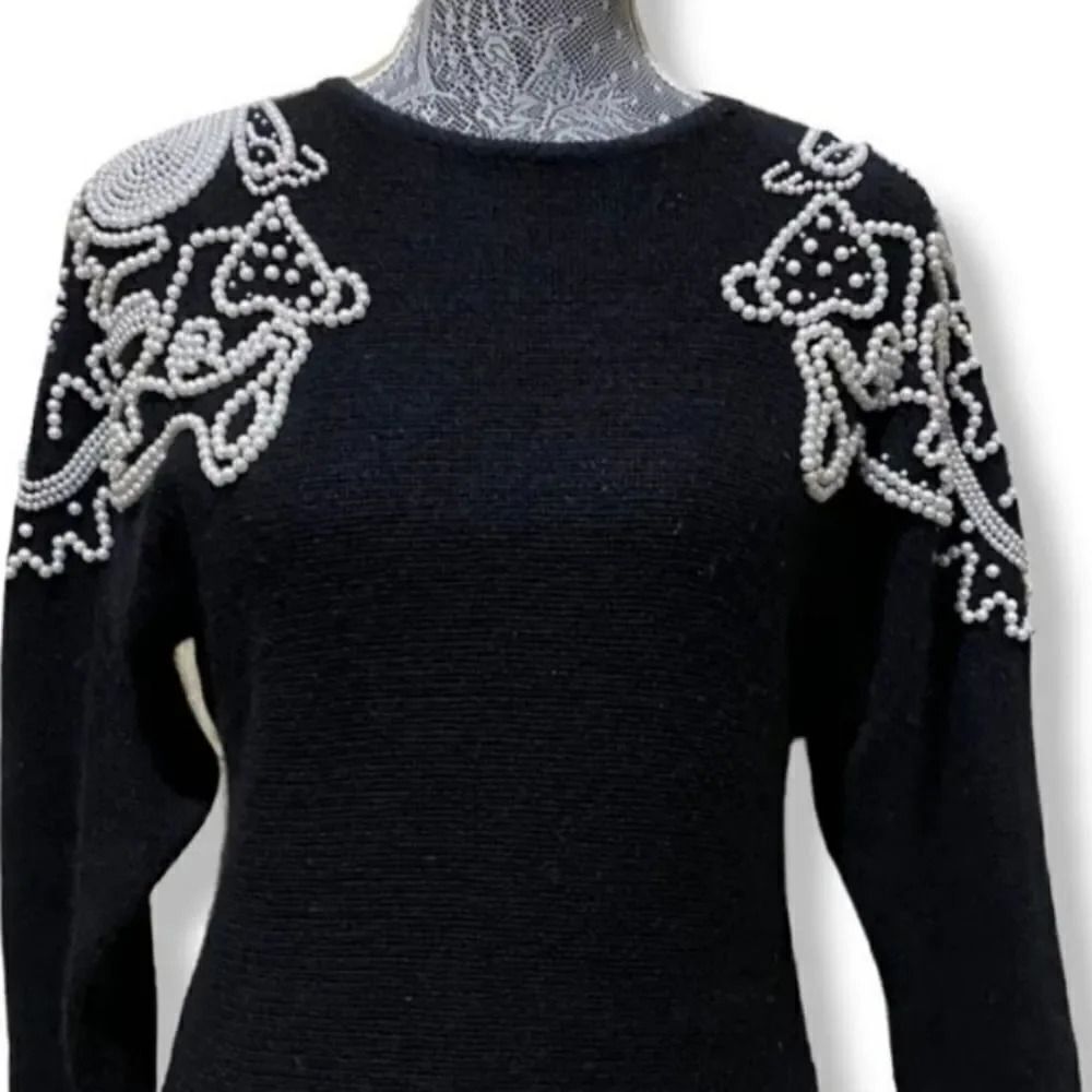Vintage 80's Work In Progress Pearl Angora Wool Silk Blend Sweater in Black Med - Picture 5 of 10